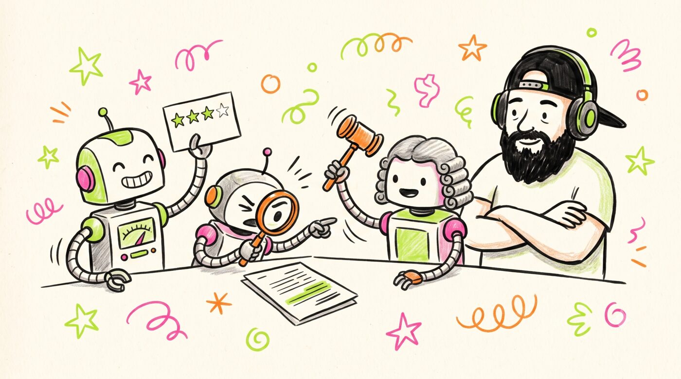 Hand-drawn illustration of three small robots at a desk: one proudly holds up a star-rating card, one scowls through a magnifying glass at a document, and one in a judge's wig raises a gavel — while a bearded guy in a backwards cap and headphones watches with arms crossed.