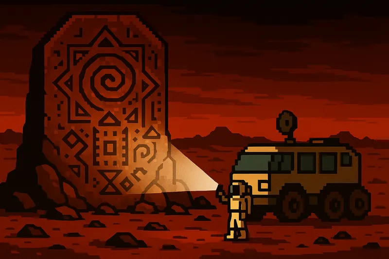 Pixel art of a carved alien monolith lit by a rover's headlight at night.
