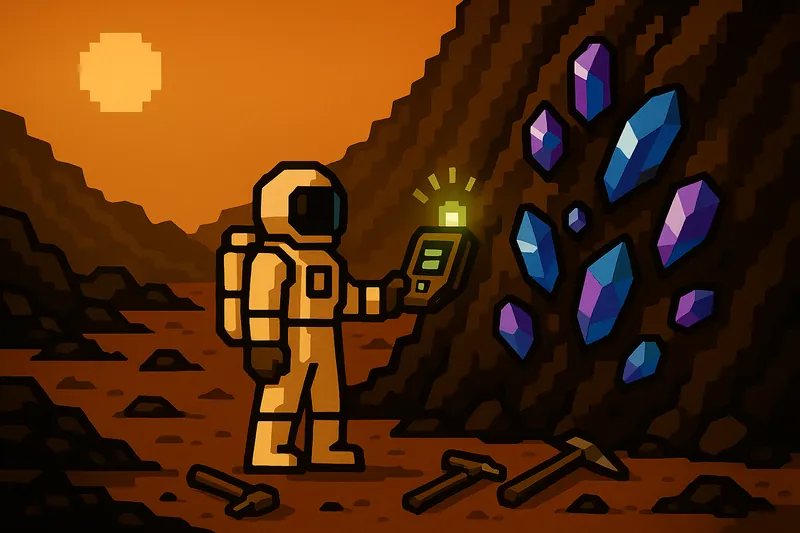 Pixel art of an astronaut scanning a cluster of glowing blue and purple crystals in a Martian cliff.