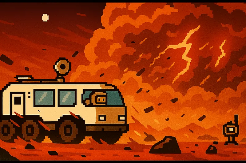 Pixel art of a dust storm sweeping across Mars.