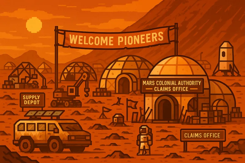 Pixel art of a Mars colony with domes and a 'Welcome Pioneers' banner.