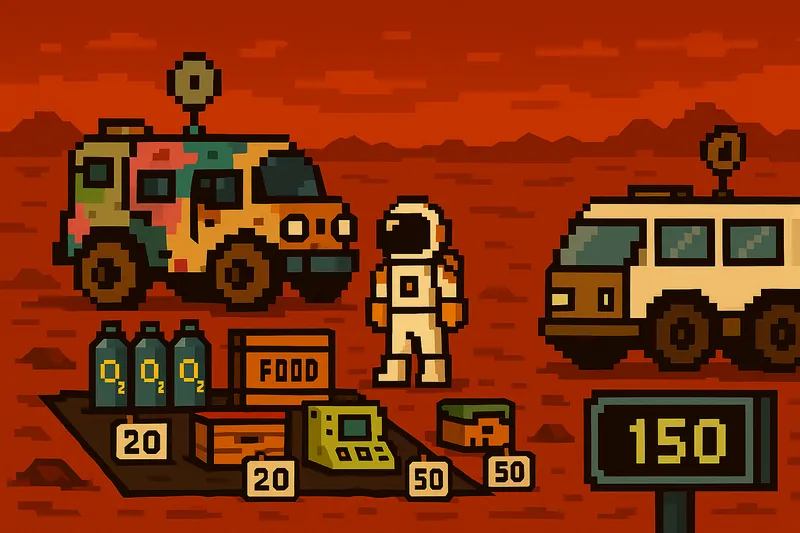 Pixel art of a resupply depot — a trader's rover with crates of oxygen, food, and parts for sale.