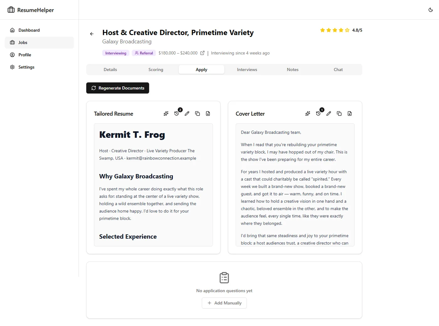 The Apply tab showing a tailored resume and cover letter side by side, each with version-history controls.