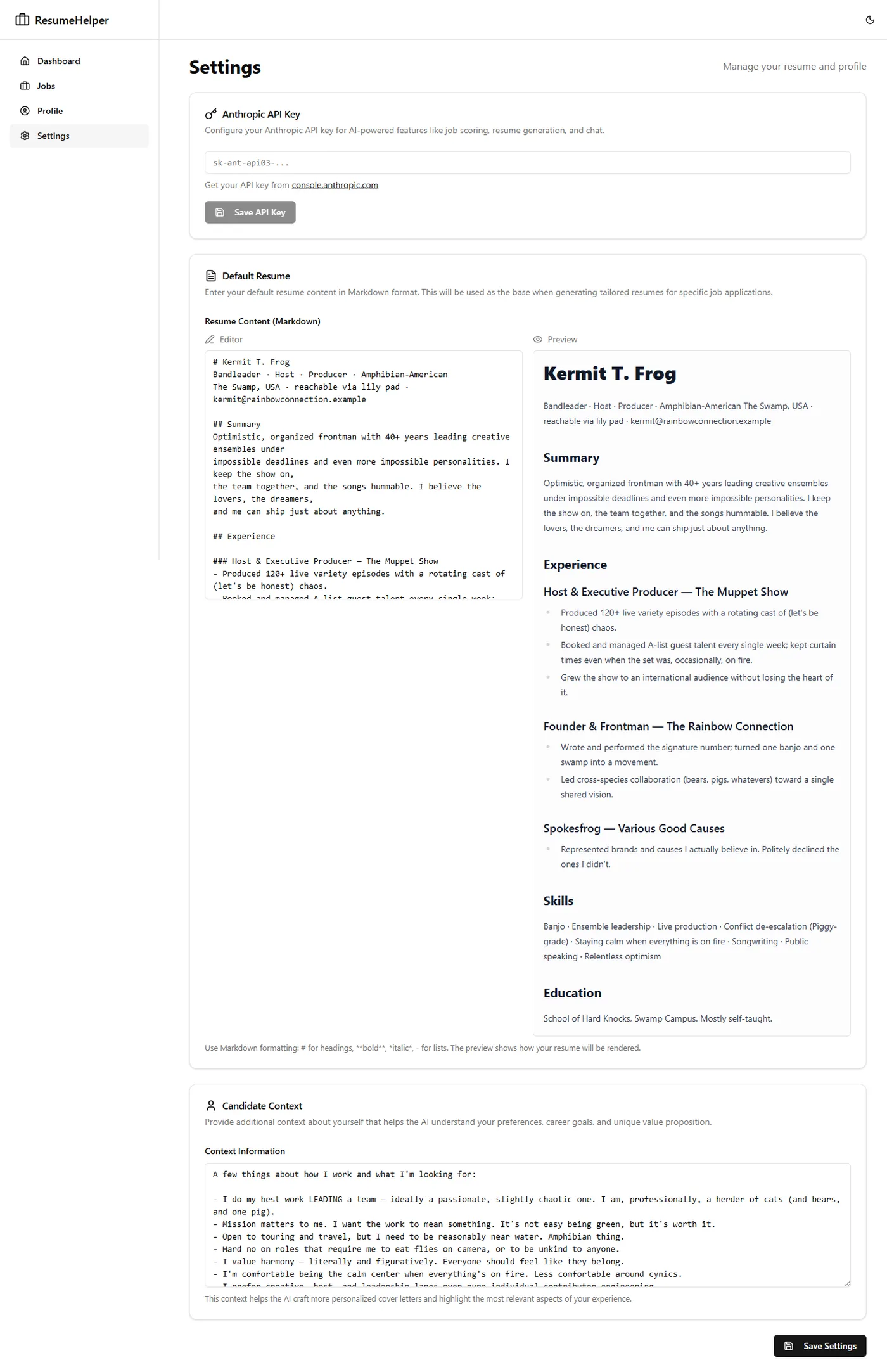 The default resume editor — Markdown on the left, a live rendered preview on the right.