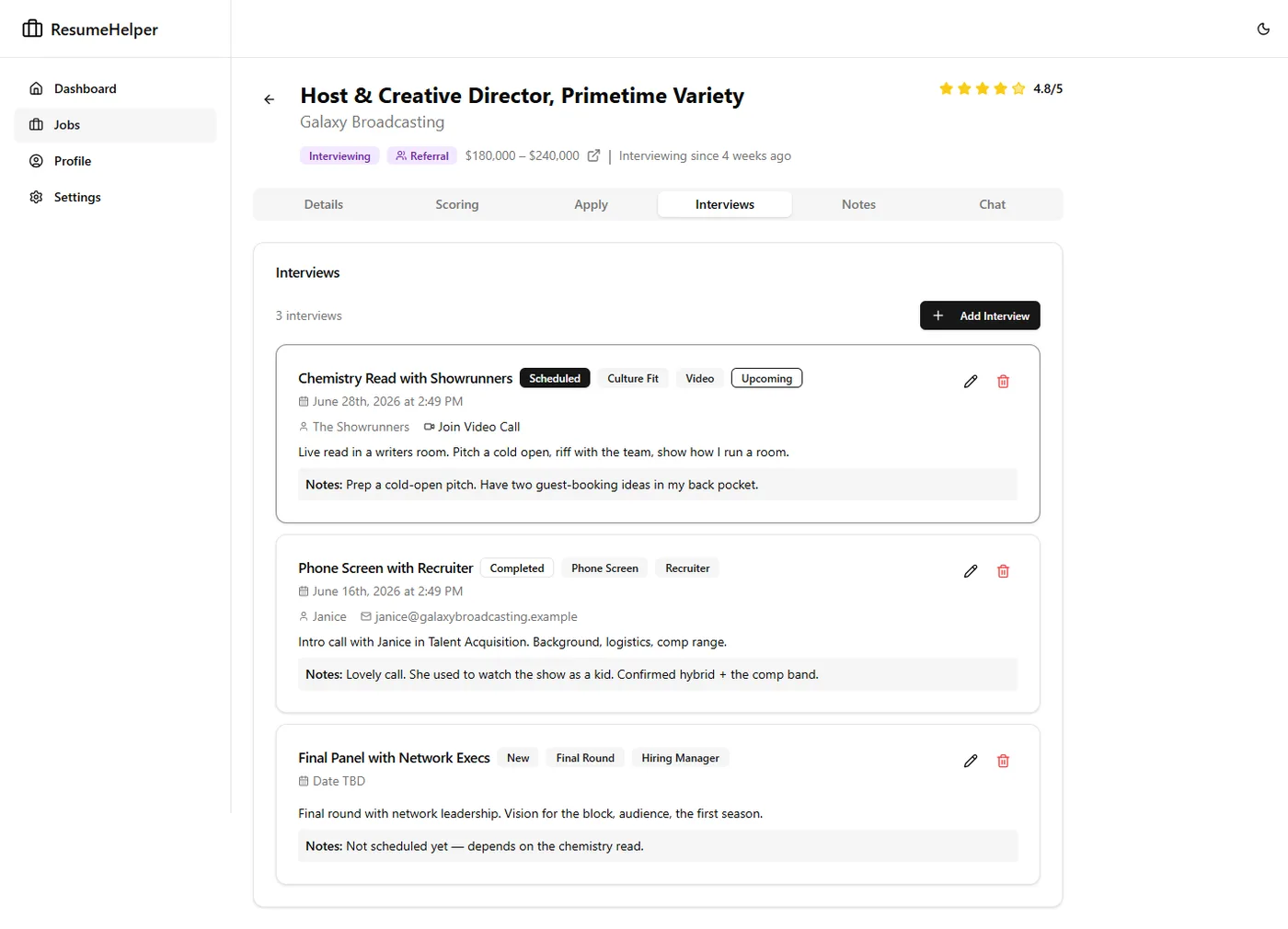 The interviews tab listing several interviews, each with a type tag, status, date, and prep notes.