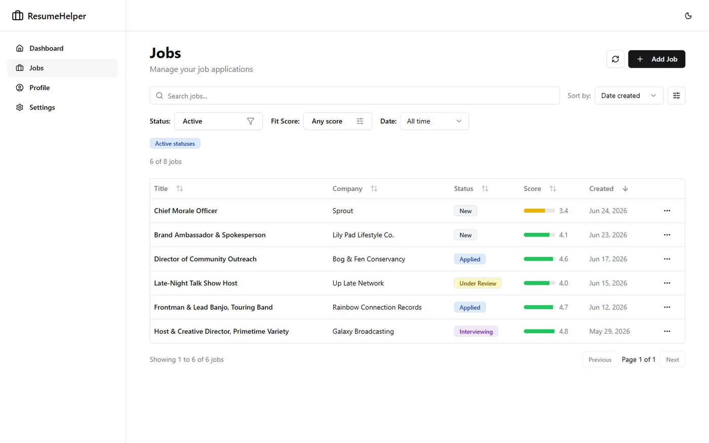 The ResumeHelper jobs list — a table of job applications with title, company, status, and a fit-score bar for each.