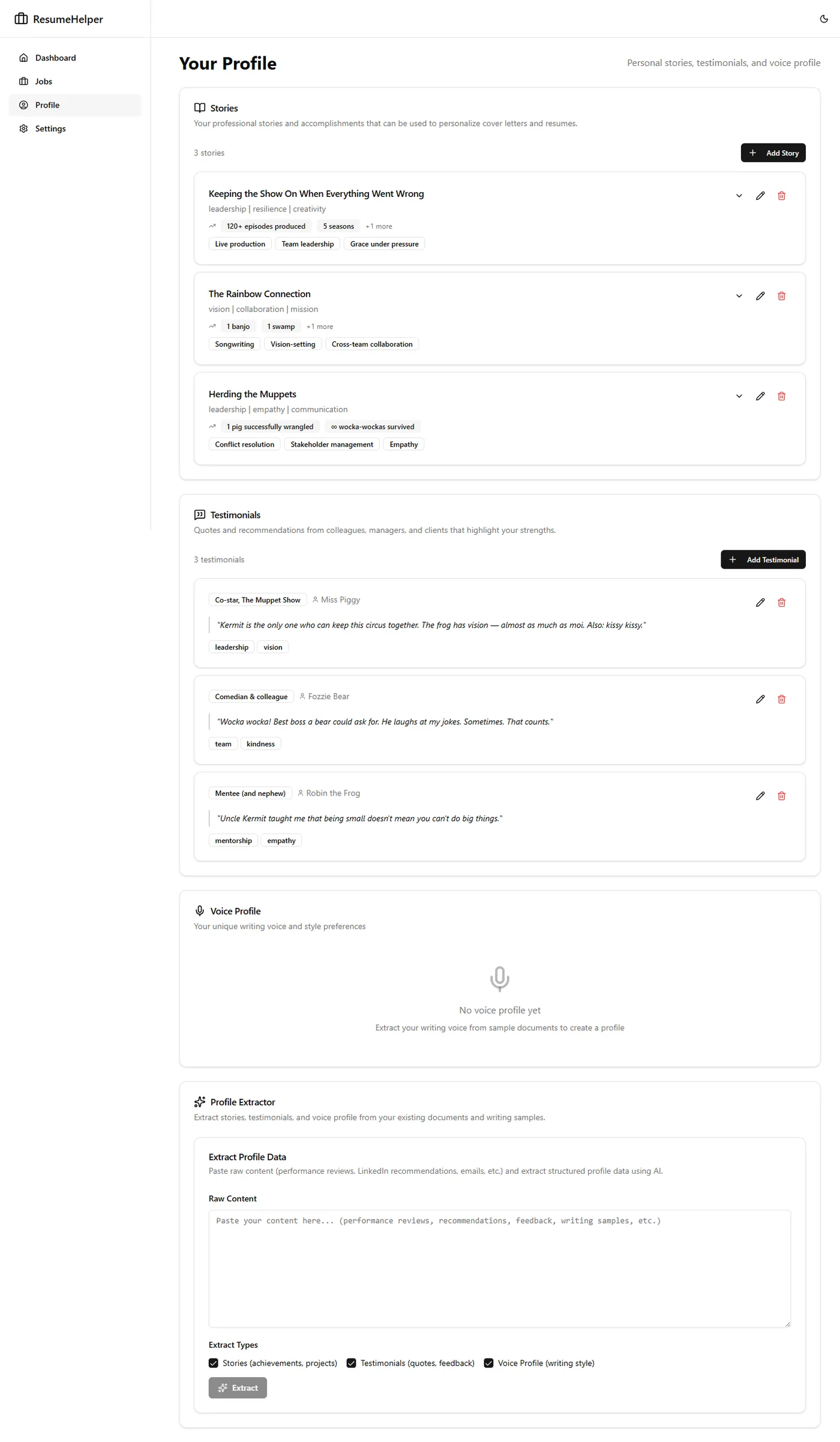 The ResumeHelper profile page showing a list of stories tagged with skills and themes, plus a testimonials section.