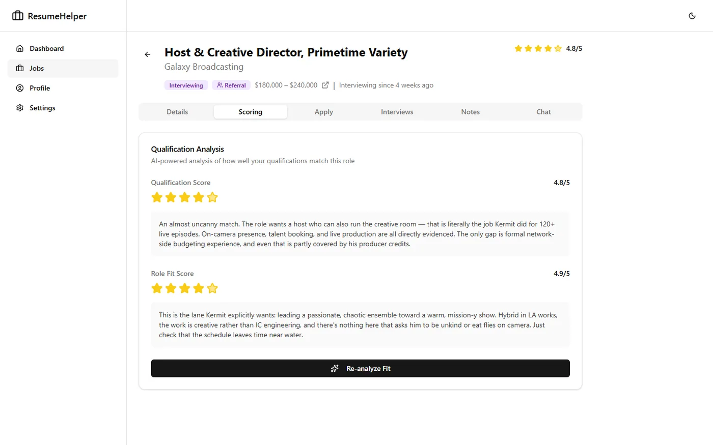 The scoring tab showing a Qualification score and a Role Fit score, each with a star rating and a written explanation.