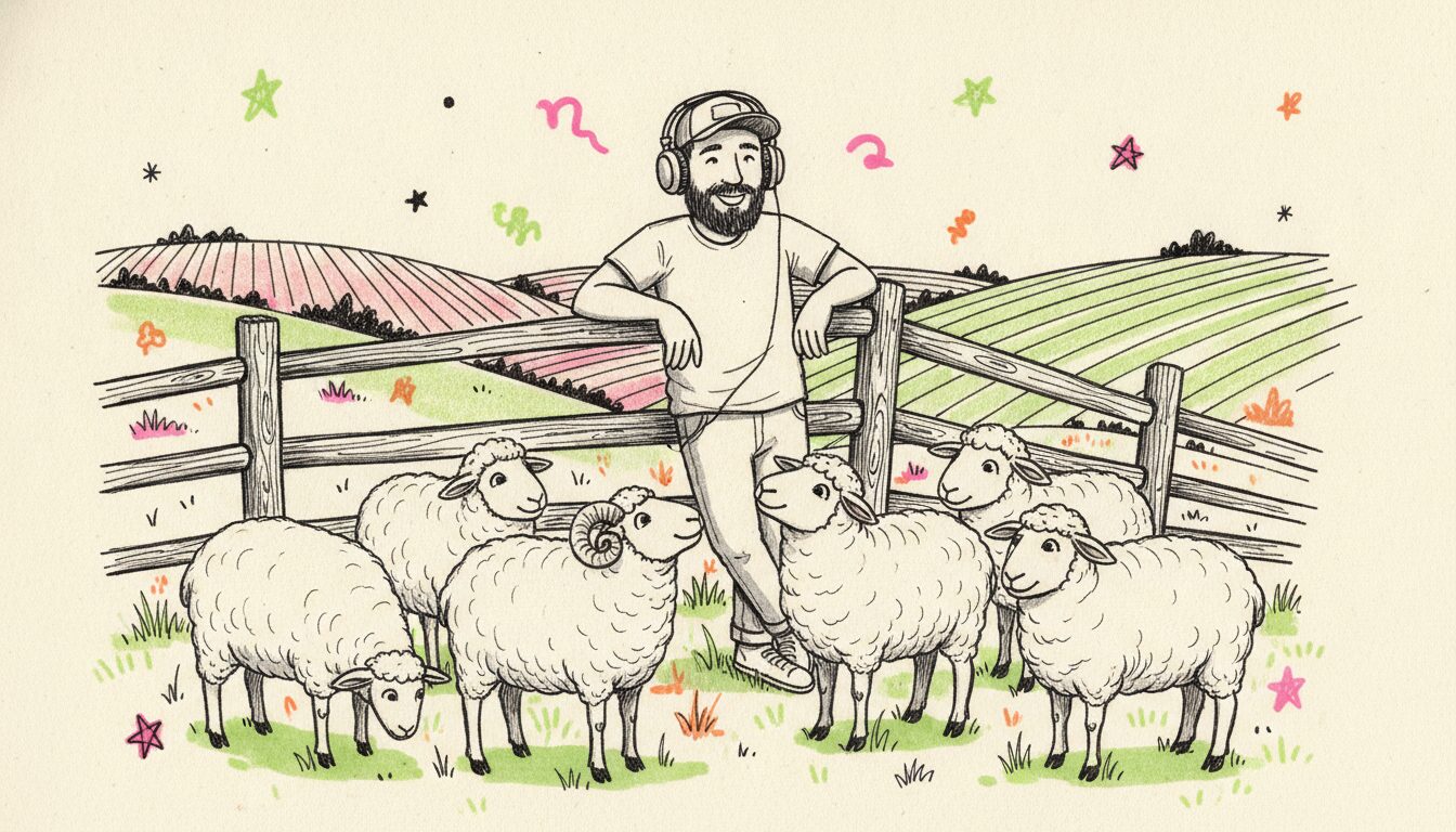 Hand-drawn illustration of a bearded guy in a backwards cap and big headphones leaning on a wooden fence, surrounded by six woolly sheep, with rolling pink and green hills and doodle stars behind them.
