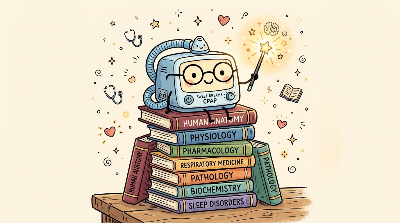 Hand-drawn illustration of a friendly CPAP machine wearing glasses and waving a sparkling magic wand, sitting on a stack of textbooks labeled human anatomy, physiology, pharmacology, respiratory medicine, pathology, biochemistry, and sleep disorders.