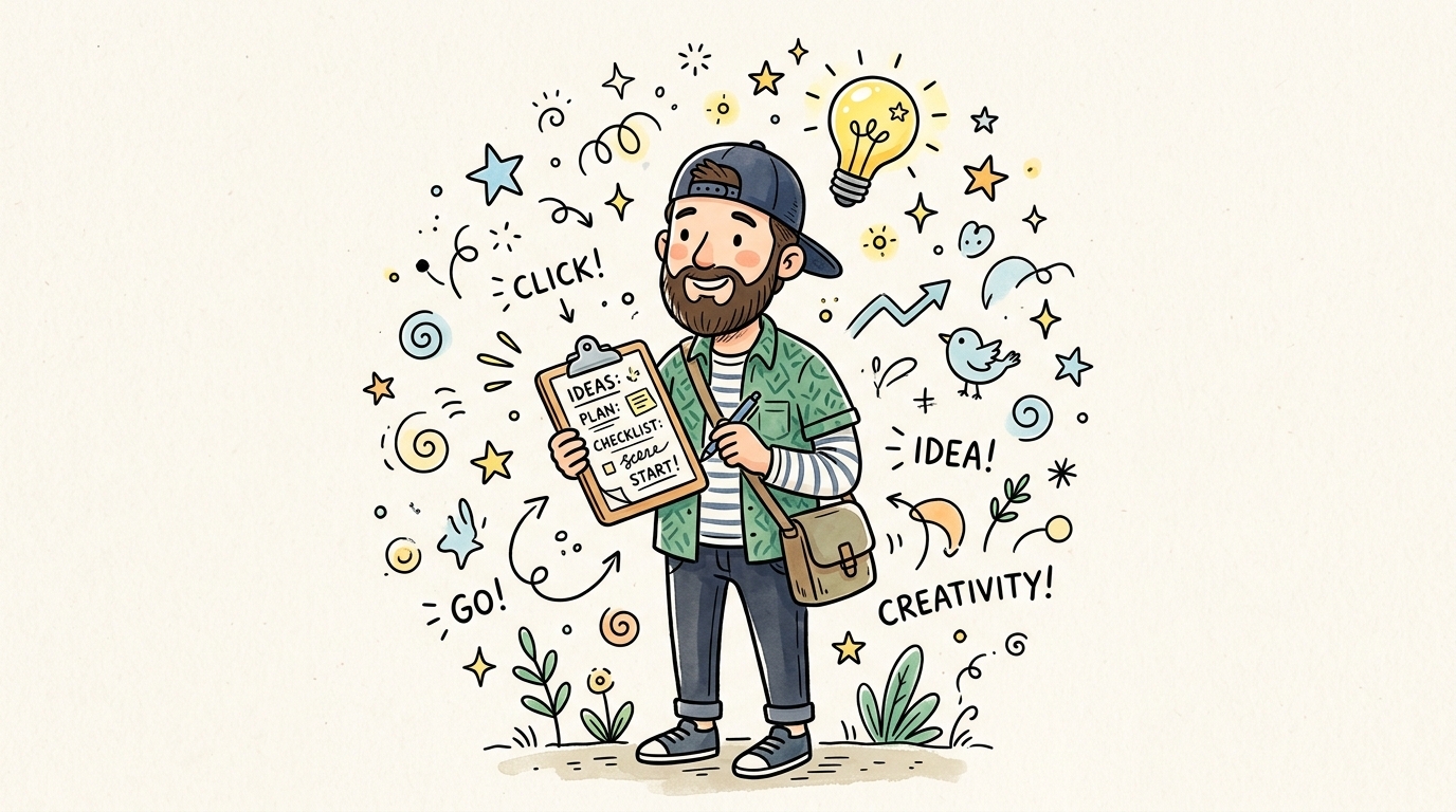 Hand-drawn illustration of a bearded guy in a backwards cap holding up a clipboard with a checklist reading ideas, plan, checklist, start, surrounded by doodles of a lightbulb, stars, and the words click, idea, go, and creativity.
