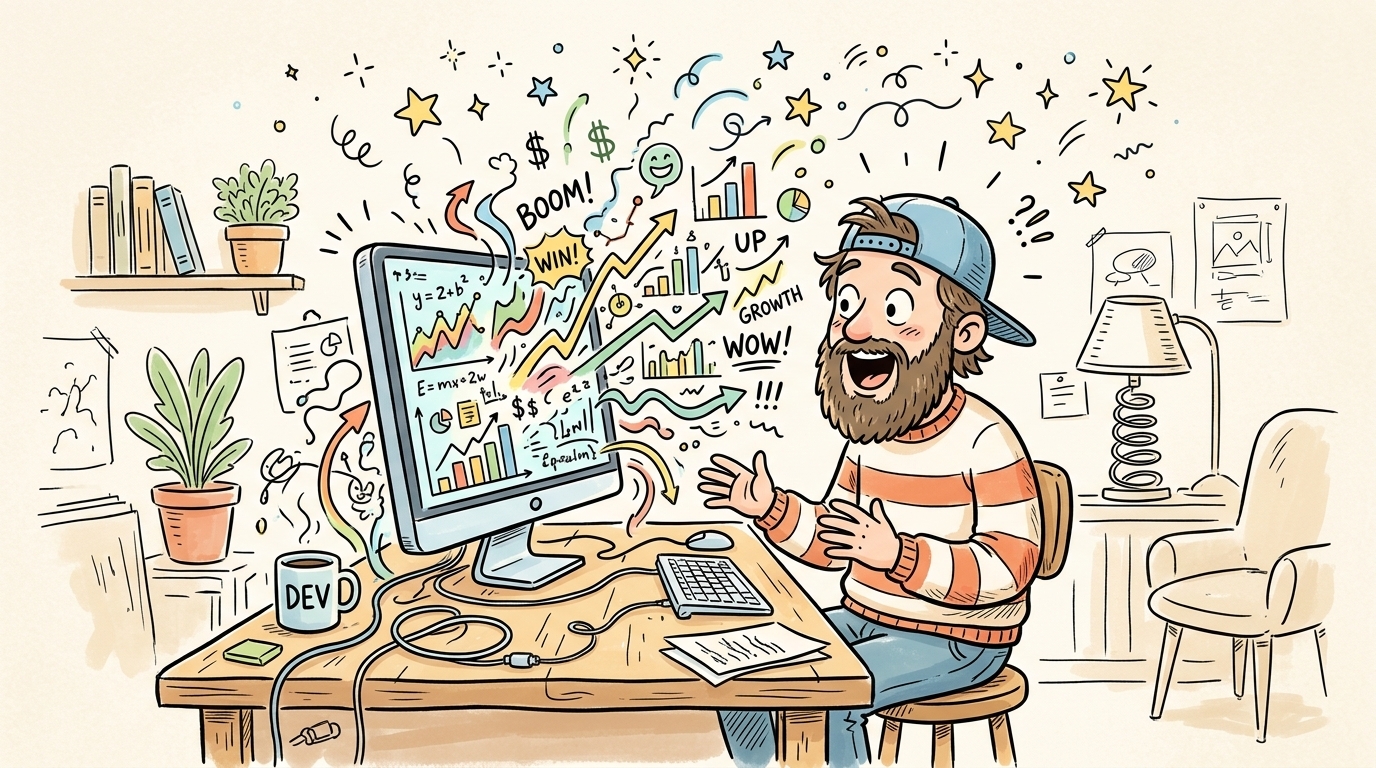 Hand-drawn illustration of a bearded guy in a backwards cap at a desk, delighted by a monitor overflowing with colorful doodled charts, arrows, and equations, with BOOM!, WIN!, and WOW! scribbled in the air and a DEV mug on the desk.