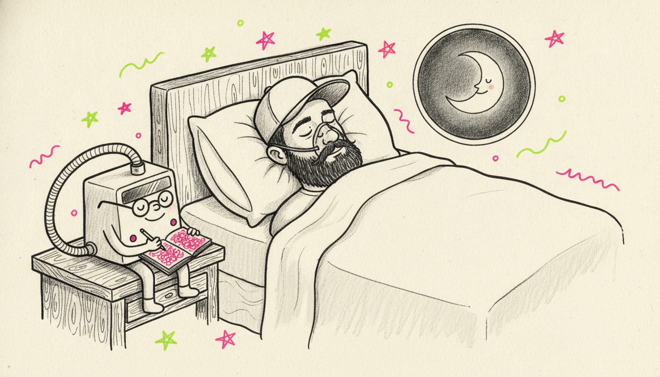 Hand-drawn illustration of a bearded guy in a backwards cap asleep in bed while a small friendly CPAP machine with glasses sits on the nightstand, writing squiggles in a tiny notebook, with a smiling crescent moon out the window and doodle stars around.