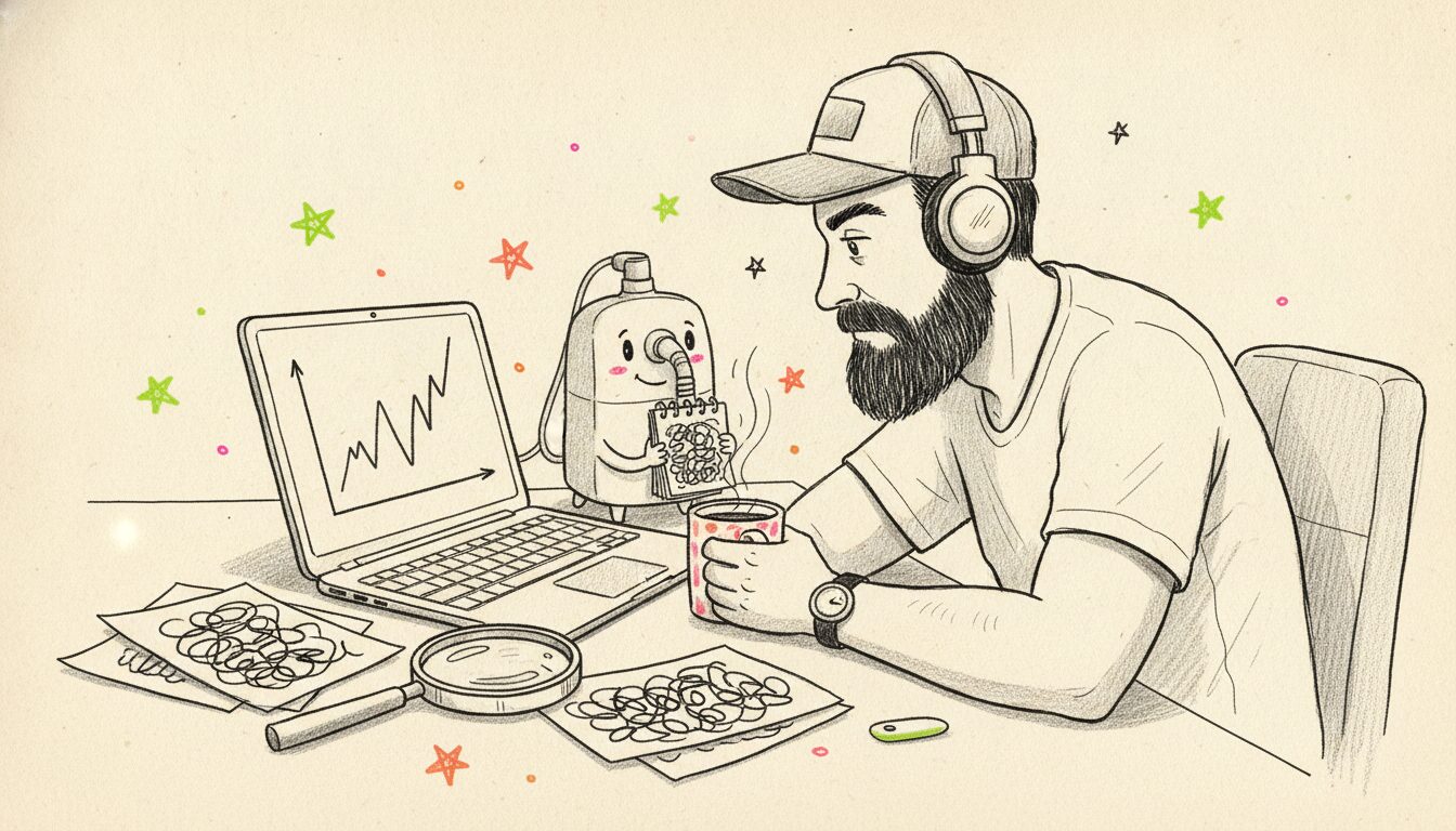 Hand-drawn illustration of a bearded guy in a backwards cap and headphones at a desk with coffee, studying a trend chart on a laptop while a small friendly CPAP machine beside it proudly holds up a tiny notebook full of squiggles, with a magnifying glass and scribbled papers on the desk.